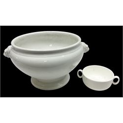 Thun WW2 German Luftwaffe officer's mess plain white glazed soup tureen with lion mask handles, marked with the Luftwaffe eagle beneath and dated 1939 L31cm; together with Waffen 'SS' white glazed twin handled soup bowl, marked beneath Bauscher Weiden 1942 (2)