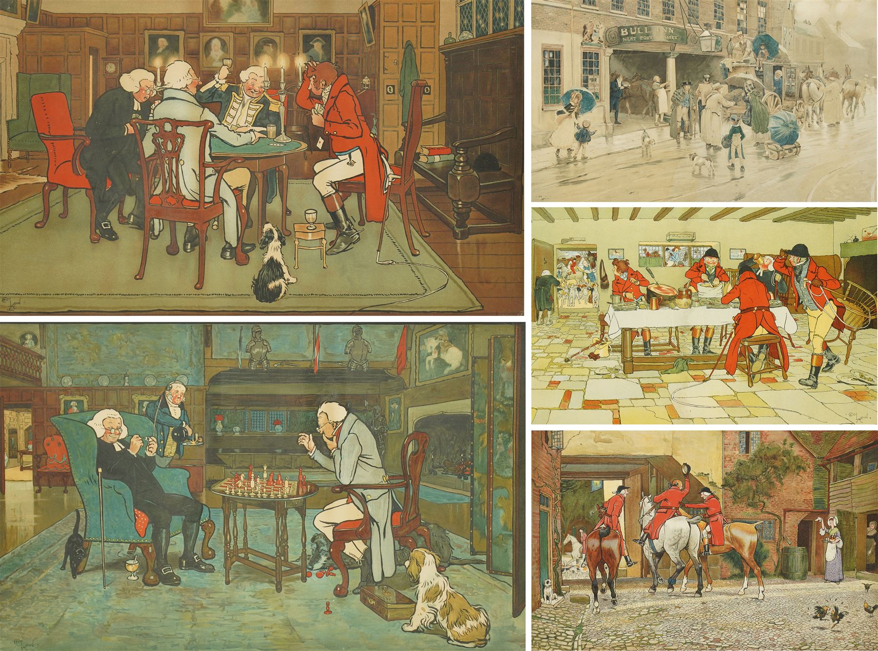 Cecil Aldin (British 1870-1935): 'Mated - a Game of Chess' 'Revoked - a Game of Cards' 'The Bull Inn' and 'Hunt at Breakfast', set of five chromolithographs, one signed max 42cm x 62cm (5)