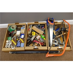 Large quantity of tools saws, drill bits, various screws, hand drills, tape measures, chisels, sharpening stone, files etc... in three boxes  