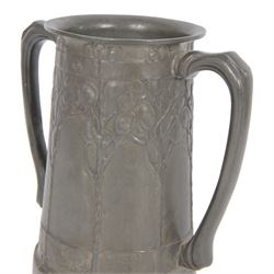 David Veasey for Liberty & Co pewter twin handled loving cup, decorated with honesty tree and embossed with the words 'For Old Times Sake', impressed beneath English Pewter 010