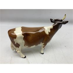 Five Beswick figures of cattle Comprising Ayrshire Bull Ch Whitehill Mandate, no 1454B, three Ayrshire Cow Ch Ickham Bessie, no 1350 and Ayrshire Calf, no 1249B, all with printed marks beneath