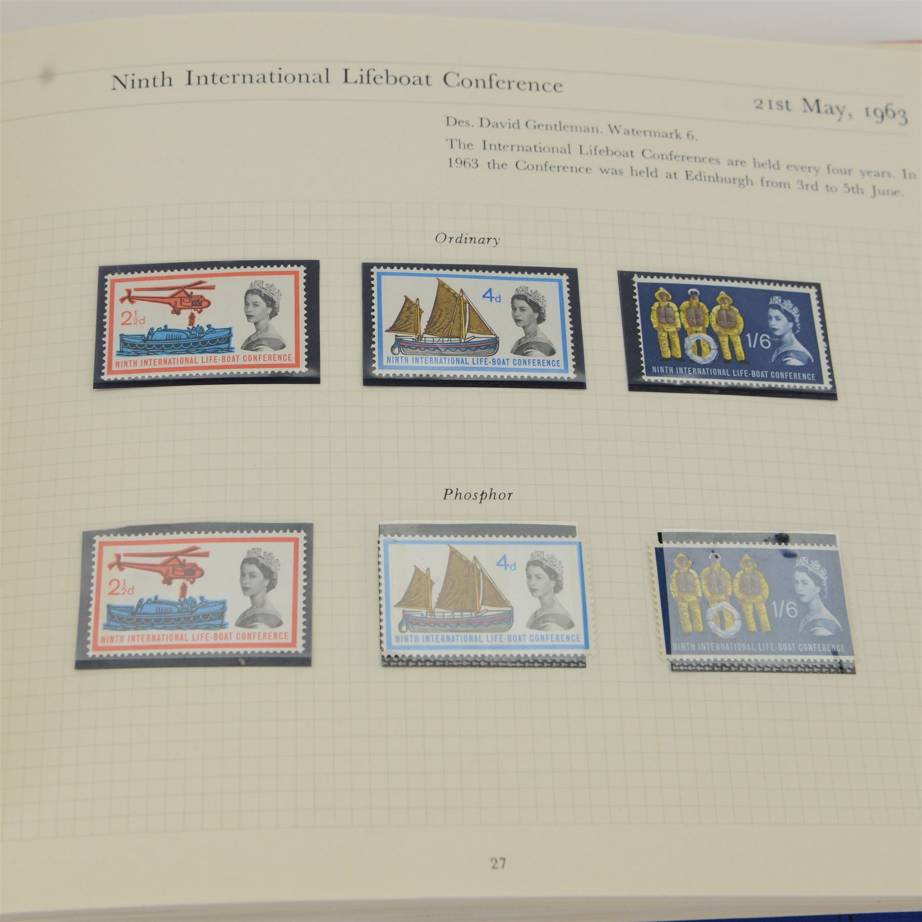 Stanley Gibbons Great Britain 'Commemorative Stamps' album with pictorial cover, from King George V to Queen Elizabeth II pre-decimal, including 1929 Postal Union Congress one pound with oval cancel, 75th Anniversary of the Universal Postal Union issues, QEII with ordinary and phosphor unused issues etc, well presented throughout