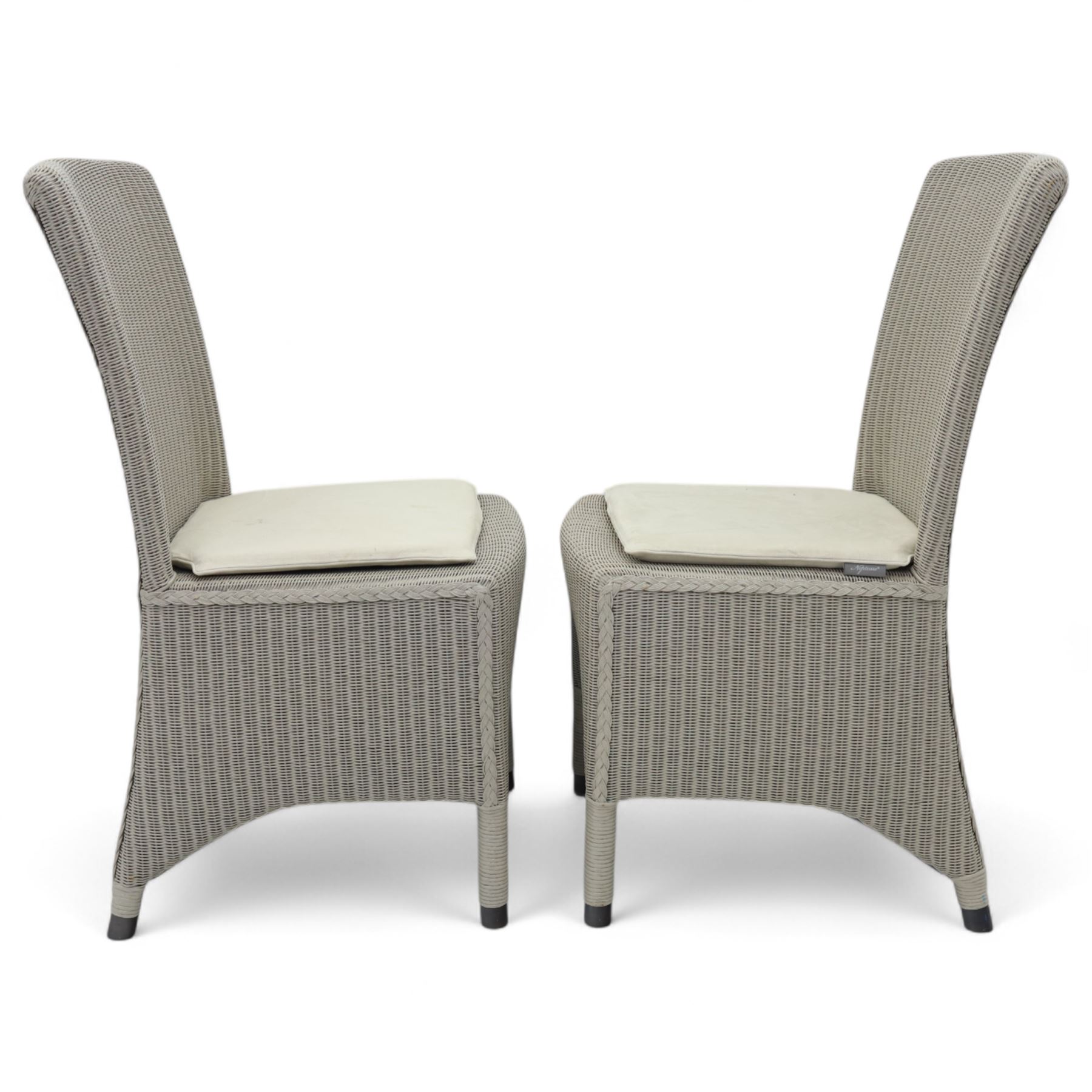 Neptune – Sheldrake limed oak extendable dining table and eight Havan loom chairs, the oval top in limed oak finish with four additional leaves extending the table to seat up to ten (Extends to cm), raised on turned legs with two additional centre supports, the matching Havan loom chairs finished in grey with cream upholstered seat covers (H 95cm, W 47cm, D 55cm)