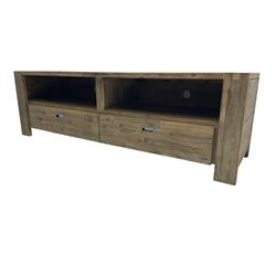Contemporary hardwood television stand, fitted with two drawers