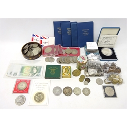 Collection of Great British and World coins and banknotes including two Queen Victoria crowns 1845 and 1890, King George V and King George VI half crowns 1924 and 1946, '50th anniversary of the battle of Britain silver proof medallion' boxed with certificate, three five pound coins, various commemorative crowns, nine one pound banknotes etc, in one box  
