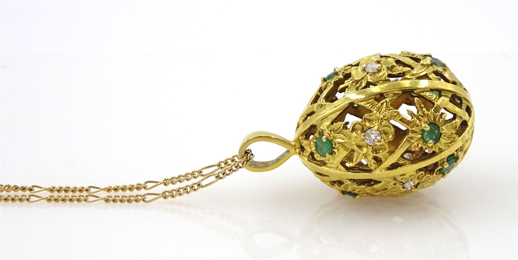 Igor Carl Faberge for Franklin Mint 14ct gold emerald and round brilliant cut diamond egg pendant, London import mark 1984, boxed