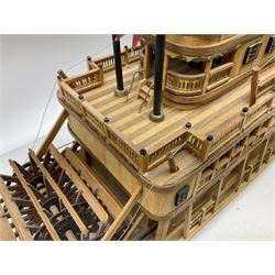 Hand built model of a river paddle steamer 'King of the Mississippi' and a sailing ship with three masts and unfurled sails, largest example H80cm, L101cm