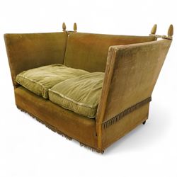 Mid-20th century Knoll style high back sofa, upholstered in olive green velvet with tassel fringe trim, sloped hinged arms and twin loose seat cushions, the frame surmounted by four finials