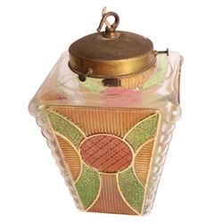 Art Deco glass lantern, with four panels of coloured glass in shades of green and red, with brass fitting, H30cm 