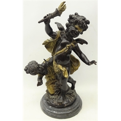  20th century cold painted brass sculpture depicting Eros after Auguste Moreau on circular marble base, H45cm   