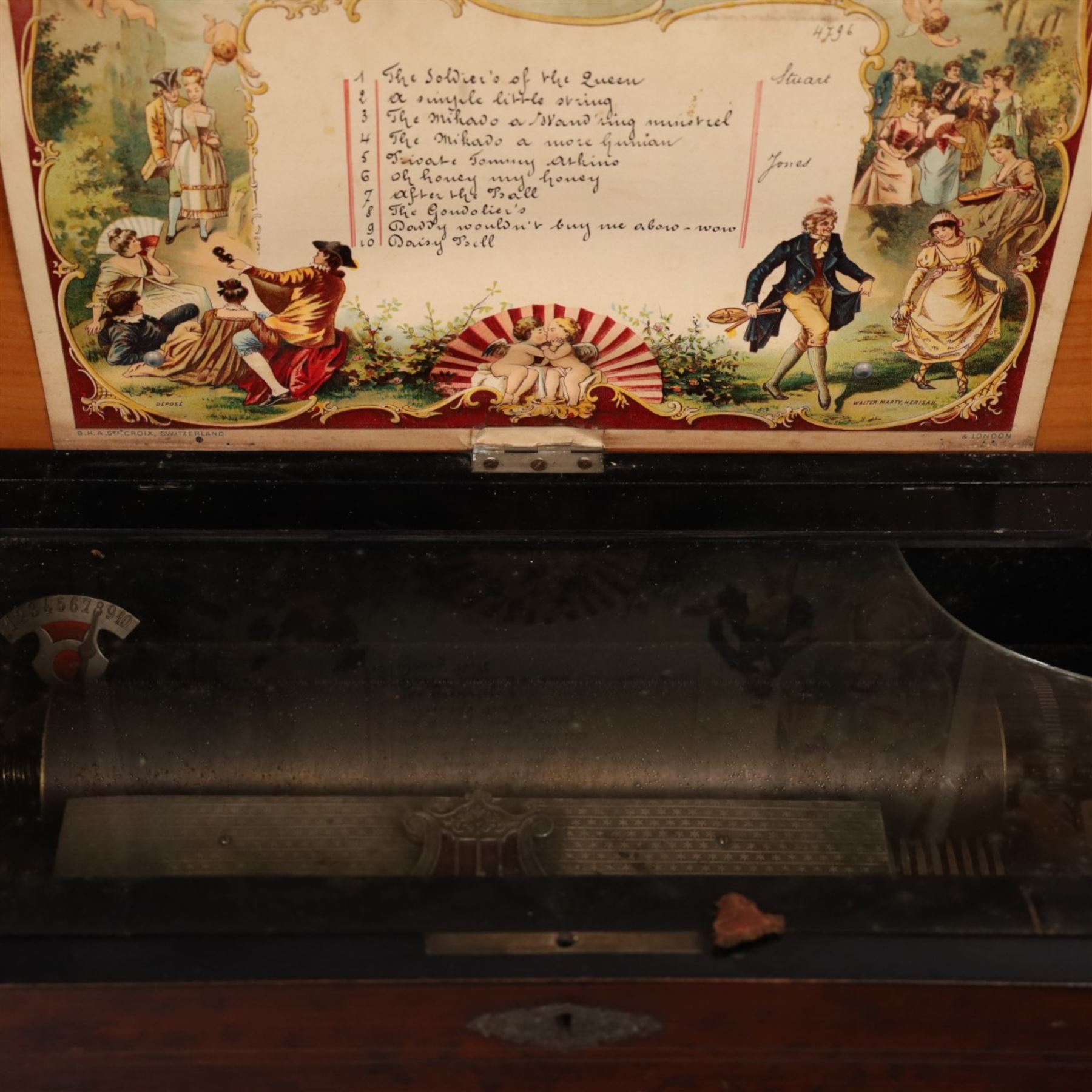 Swiss-Late 19th-century musical box playing ten airs, 62 tooth steel comb and brass cylinder, crank operated going barrel with a jewelled governor, with original tune sheet, W60cm