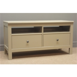  Painted television stand, two drawers, stile supports, W111cm, H58cm, D47cm  