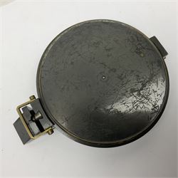 WWI unmarked compass, possibly artillery, in black lacquered brass case and balloon shaped leather carrying pouch D9cm