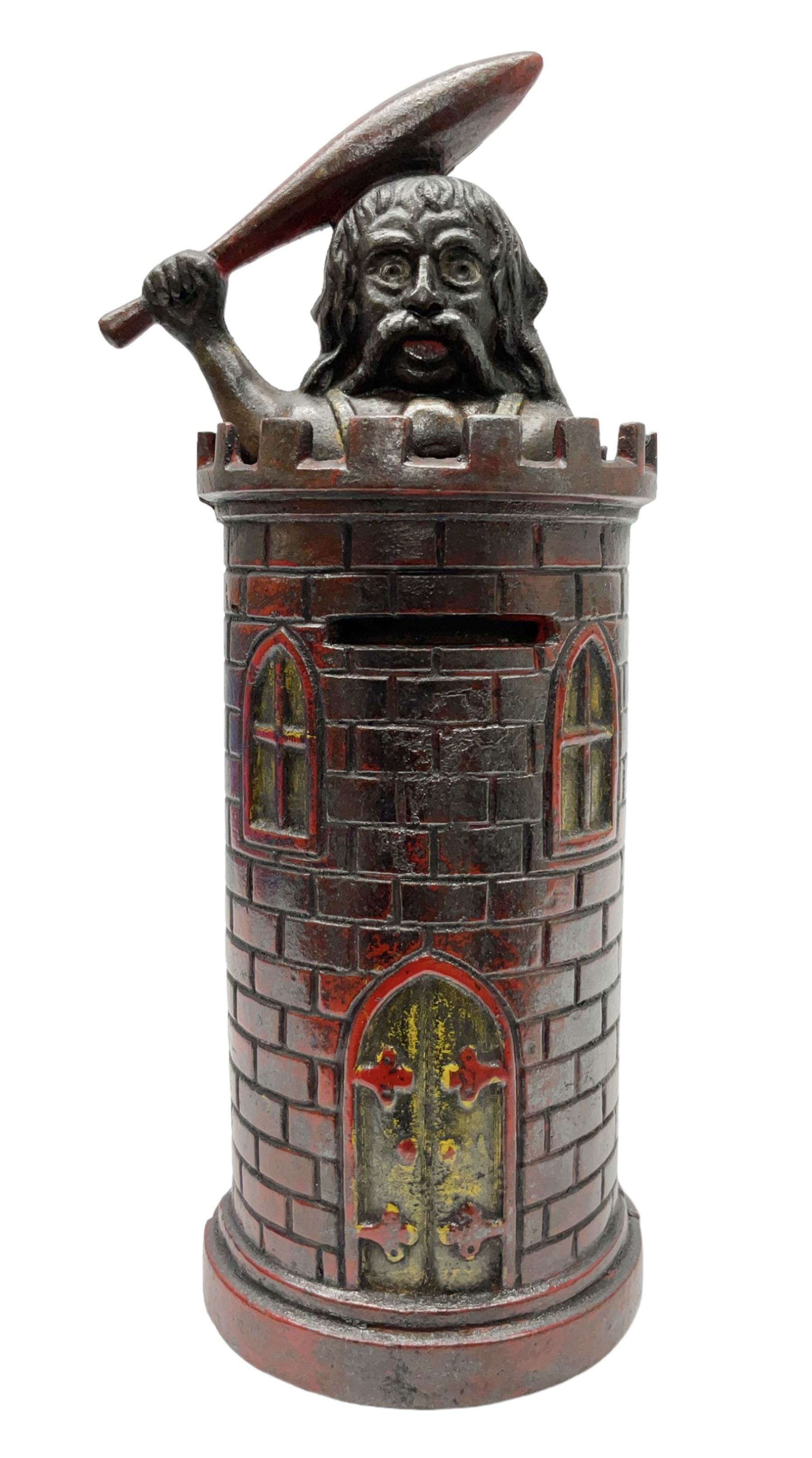 Late 19th century cast-iron mechanical money bank 'Giant in Tower' by John Harper & Co; reg.no.196844, patented 13th August 1892 H23cm
