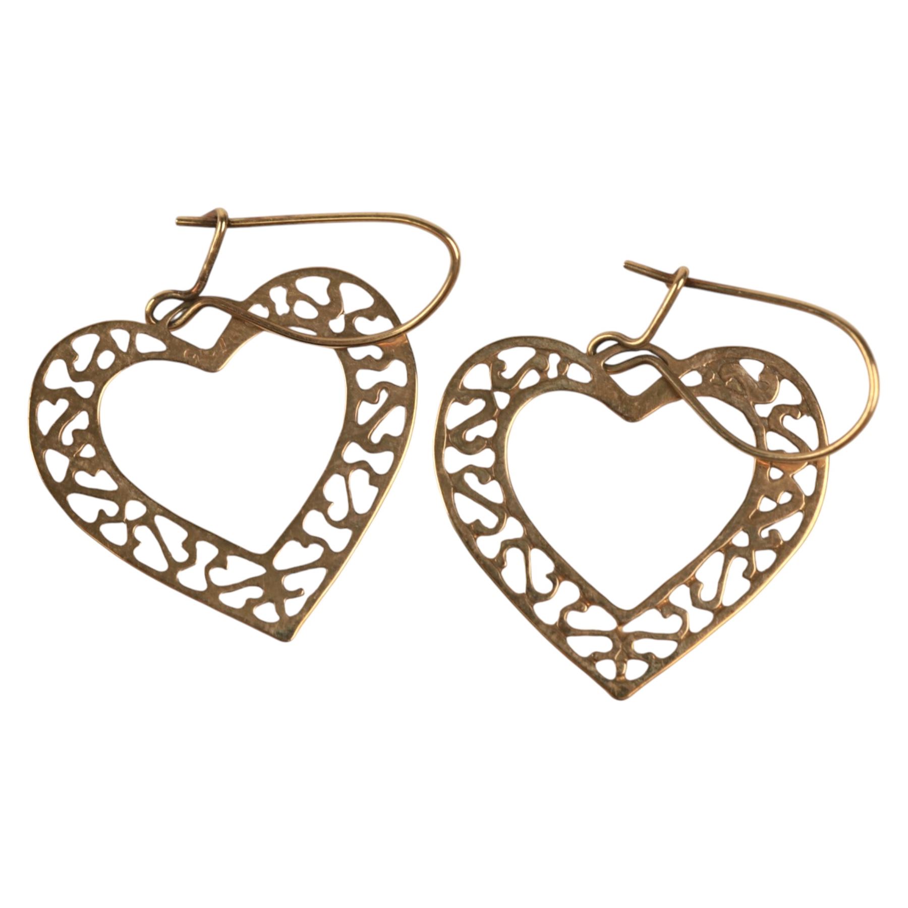 9ct gold jewellery, including pair of heart pendant earrings, pair of hoop earrings and a cross pendant necklace