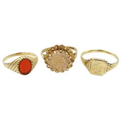 Two gold signet rings, one set with oval carnelian and a gold ring set with 'Maximiliano Emperador' coin, all 9ct, hallmarked 
