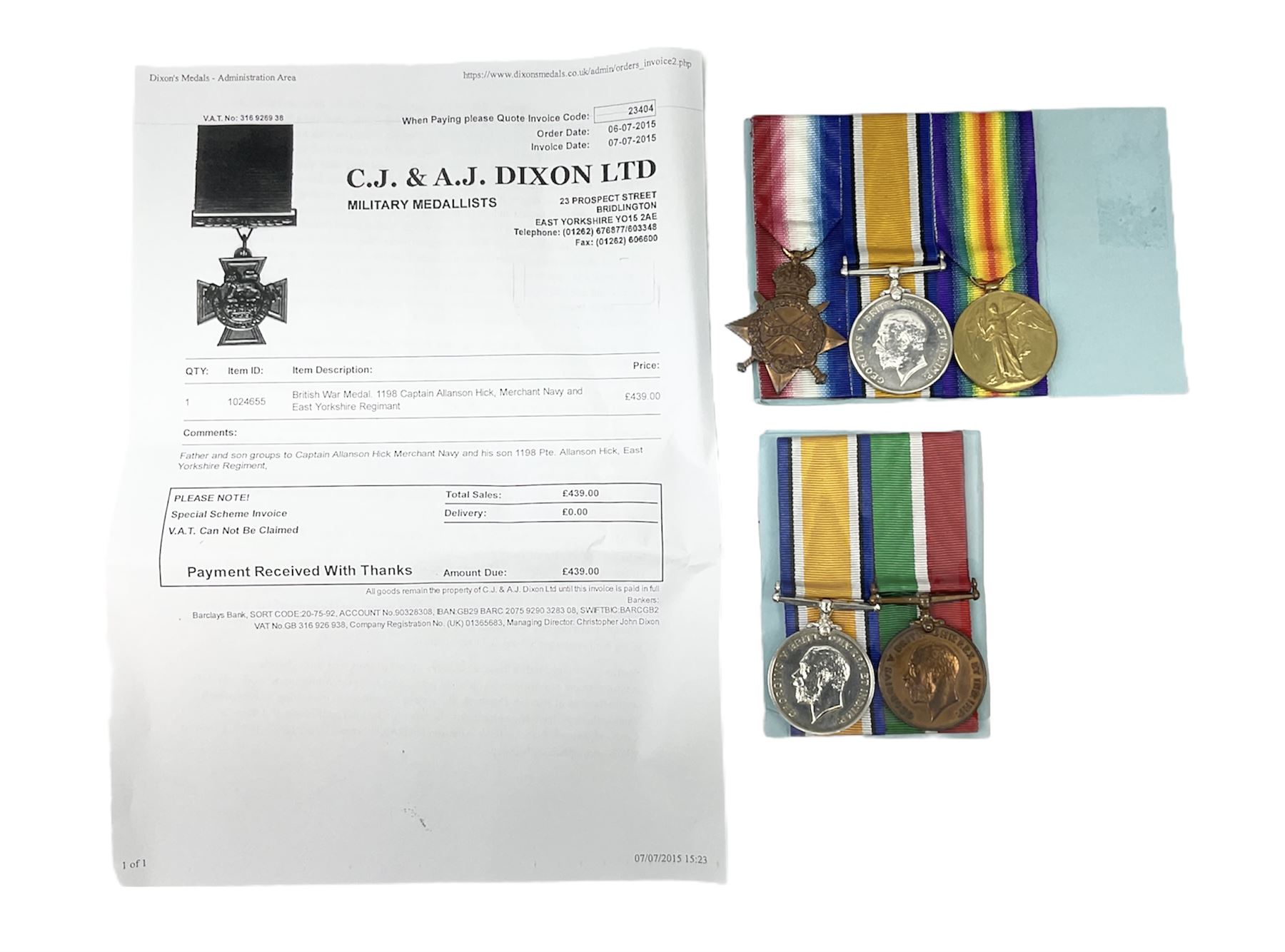 WW1 father and son medal groups comprising British War Medal and Mercantile Marine Medal awarded to Captain Allanson Hick and British War medal, 1914-15 Star and Victory Medal awarded to 1198 Pte. Allanson Hick E. York. R. with biographical information. N.B. Allanson Hick Jnr. of Hull was a celebrated architect and renowned marine artist being a founder member of the Society of Marine Artists (RSMA).