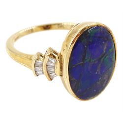 9ct gold ammolite ring, with tapered baguette cut diamond shoulders, hallmarked