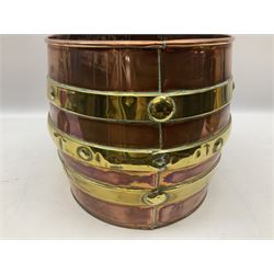 19th century brass and copper bucket, with rivets and swing handle, not including handle H33.5cm D35.5cm, together with a later copper and brass bound bucket with cover, H34cm, (2)