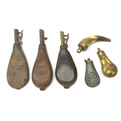 Victorian horn and brass pistol powder flask H14cm; two other Victorian pistol powder flasks in embossed brass and white metal; and three leather and brass shot flasks, one decorated with a hunting scene (6)