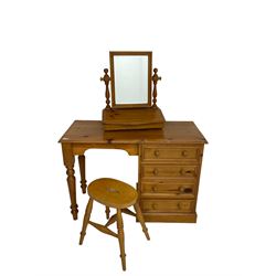 Traditional waxed pine single pedestal dressing table, rectangular top, fitted with four drawers (W106cm D46cm H75cm); and matching swing mirror, rectangular bevelled plate over hinged trinket compartment (W50cm H58cm); and matching four legged stool (H46cm)