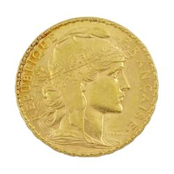 French 1908 gold twenty franc coin