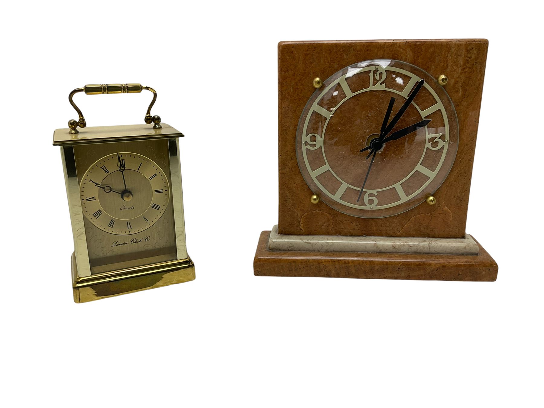 Battery driven marble mantel clock in the Art Deco style and a brass