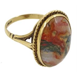 9ct gold oval moss agate ring, hallmarked