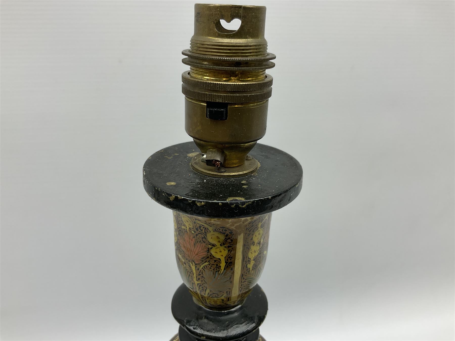  Kashmiri papier mache table lamp, open spiral twist column decorated with flowers, on a turned base,  H43cm