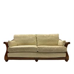 Multi-York - Hardwood framed bergère lounge suite, three seat sofa (W204cm), and pair matching armchairs (W90cm), upholstered in cream floral pattern fabric 
