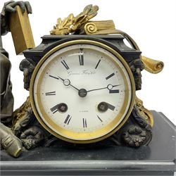 French - 19th century Belgium slate and marble 8-day mantle clock c1860, surmounted with a cast brass figure of the French poet  Ernest Legouve, holding a copy of his collection of poems 