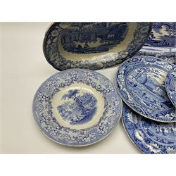 A group of assorted 19th century blue and white transfer printed pottery, to include Rogers & Son Zebra pattern, Cartwright & Edwards Fountain pattern dish, Rural Village or Village Church pattern plate, Lakeside Meeting pattern plate, Wild Rose pattern serving platter and serving dish, etc. (9)