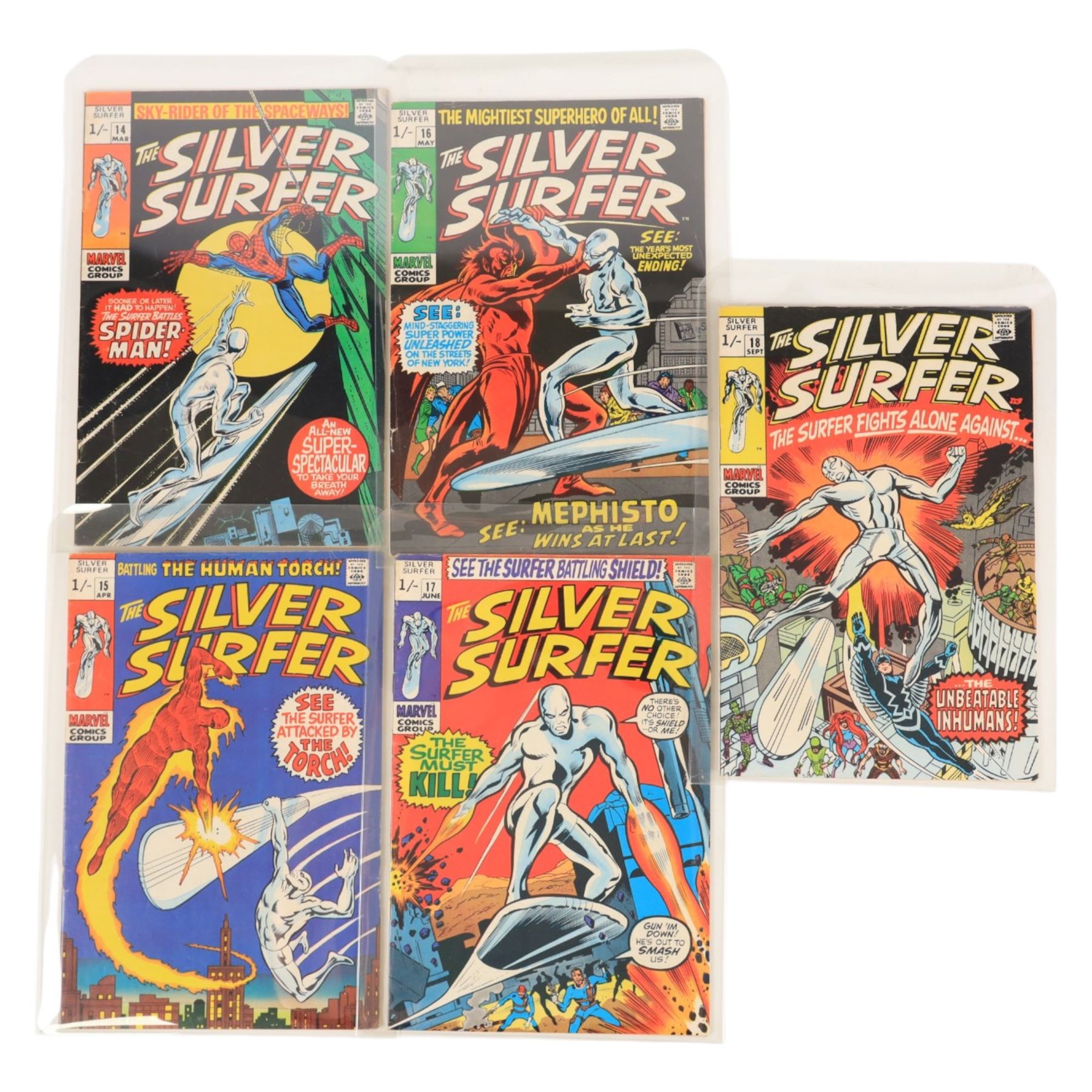 Seventeen Marvel Silver Age 'The Silver Surfer' comic books, spanning years 1968-1970, comprising issues #2, #3, #4, #5, #6, #7, #8, #9, #10, #11, #12, #13, #14, #15, #16, #17, #18