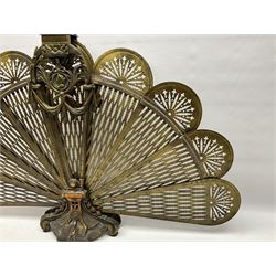 Pierced brass peacock style folding fire screen, with urn finial, H65.5cm