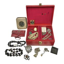 1920s eight day open faced pocket watch, contained within a silver mounted leather case, together with a Scottish silver brooch and a collection of costume jewellery