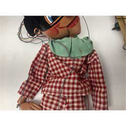 Pelham Puppet - a rare type SM Harlequin circa 1950s with painted black face mask, black felt hat, green ruff and red white chequered suit, H31cm; in original box with instructions 