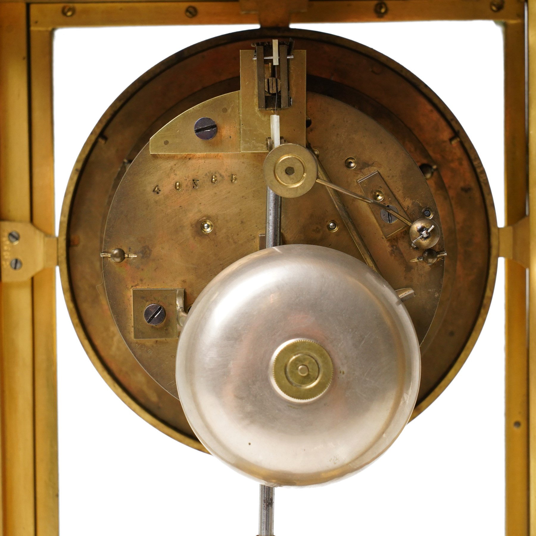 19th century four glass mantel clock with white enamel dial inscribed J W Benson, Old Bond Street, London with bell strike and mercury pendulum in brass and marble case H40cm