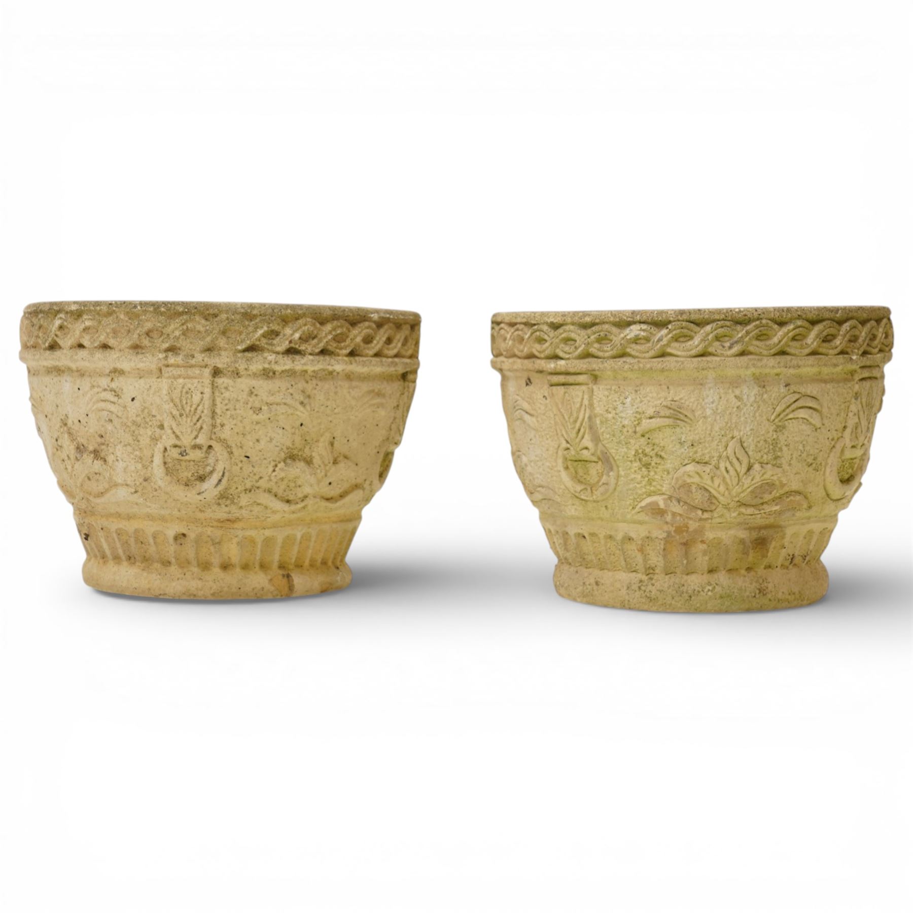 Cotswold Studios - set of two cast stone garden round planters with stylised floral and ropework borders (H 24cm, D 34cm)