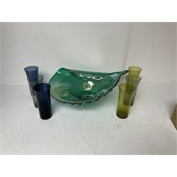 Large green studio glass conch shell bowl, with lustre finish, together with six coloured glasses, bowl W44cm