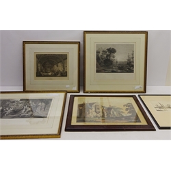  Collection of engravings including 'Landscape Aeneas Landing in Italy', engraving after Claude Lorrain and Oxford, signed by Bruce Irving max 29cm x 44cm (6)  