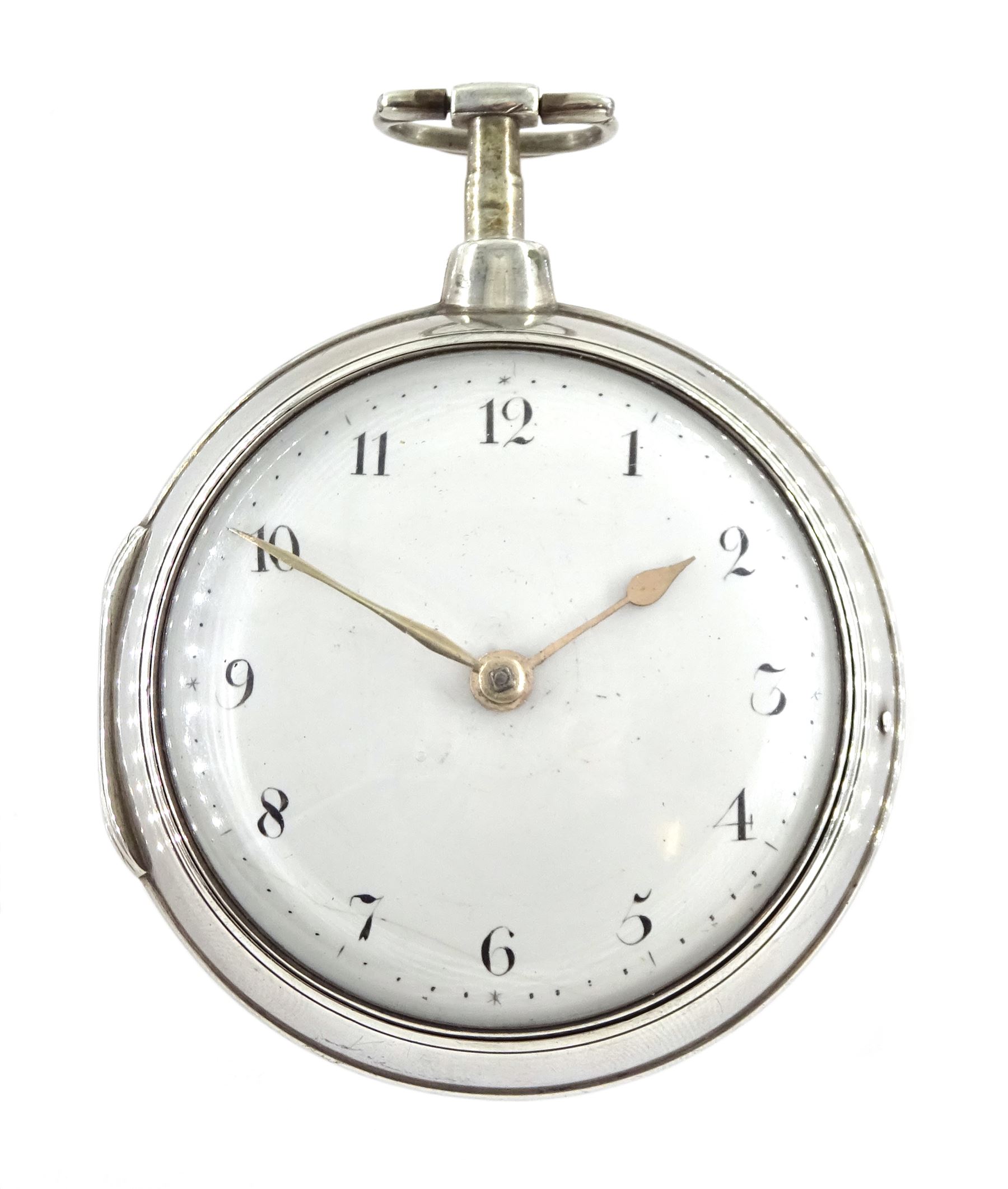 George III silver pair cased verge fusee pocket watch by Hollison, Liverpool, No. 2801, round pillars, pierced and engraved balance cock decorated with a classical urn, white enamel dial with Arabic numerals, bull's eye glass, case makers mark W H, Birmingham 1804