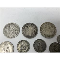 Three King George V silver halfcrown coins dated 1916, 1917, 1919, King Edward VII and Queen Victoria pre 1920 silver coins and other coinage