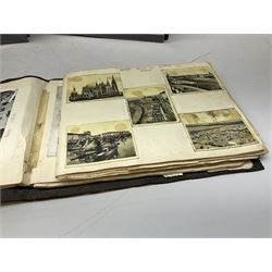 Postcards and postal history, including WWII period items, topographical postcards, military themed postcards including 'Daily Mail Battle Picture', 'War Bond Campaign Post Card' etc, housed in three ring binder albums, and an album containing various photos of men in military uniform dating from the late 1940s