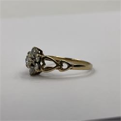 9ct gold cubic zirconia flower cluster ring, with heart design shoulders, hallmarked 