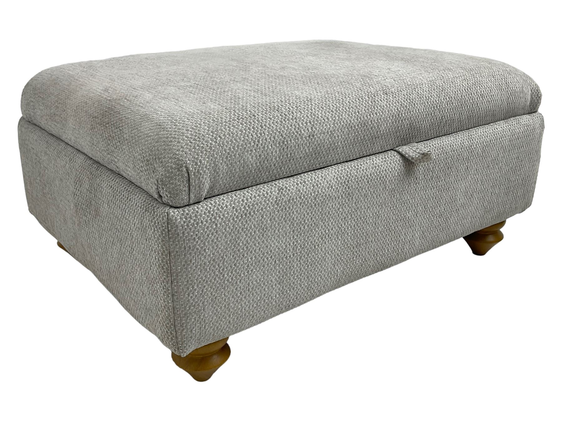 Oak Furnitureland - 'Gainsborough' lounge suite - three seat sofa, out-swept arms with loose cushions on turned oak feet, upholstered in 'Minerva Silver' fabric (W209cm D102cm H80cm); matching armchair or snuggler settee (W125cm); and rectangular ottoman footstool