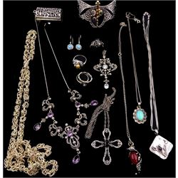 Collection of silver and stone set silver jewellery including moth bangle, amethyst and marcasite necklace marcasite bug brooch, garnet tulip pendant necklace, Byzantine necklace and matching bracelet, pendant necklaces and rings