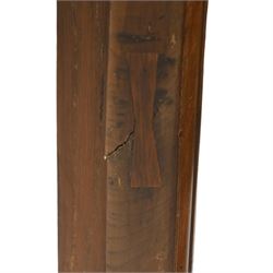 Chinese elm altar table, rectangular plank top with galleried sides, raised on reeded square supports with scrolled spandrels