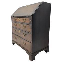 Georgian oak bureau, fall front enclosing fitted interior, four long graduating drawers, on bracket feet