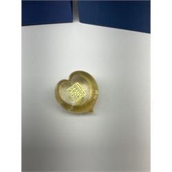 Two Art Glass Jonathan Harris vases, The first example of a baluster form, the second example of tapering cylindrical form,  each with iridescent decoration in tones of purple and blue, tallest example H18.5cm, each with makers box, together with a Isle of Wight glass paperweight. 