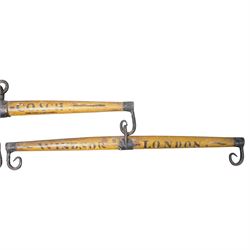 Taglioni coach triple swingletree, the central marked Taglioni Coach, the others Winsor - London, each swingletree L98cm